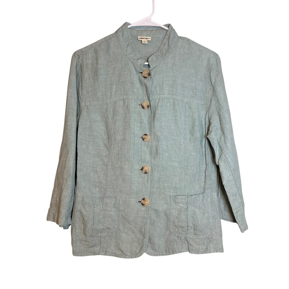 Vintage 100% Linen Shirt Jacket Shacket Button Front Skirt Large Pockets Blue